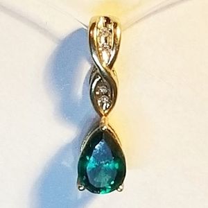 Real 10K Gold Emerald & Diamond Drop Pendant